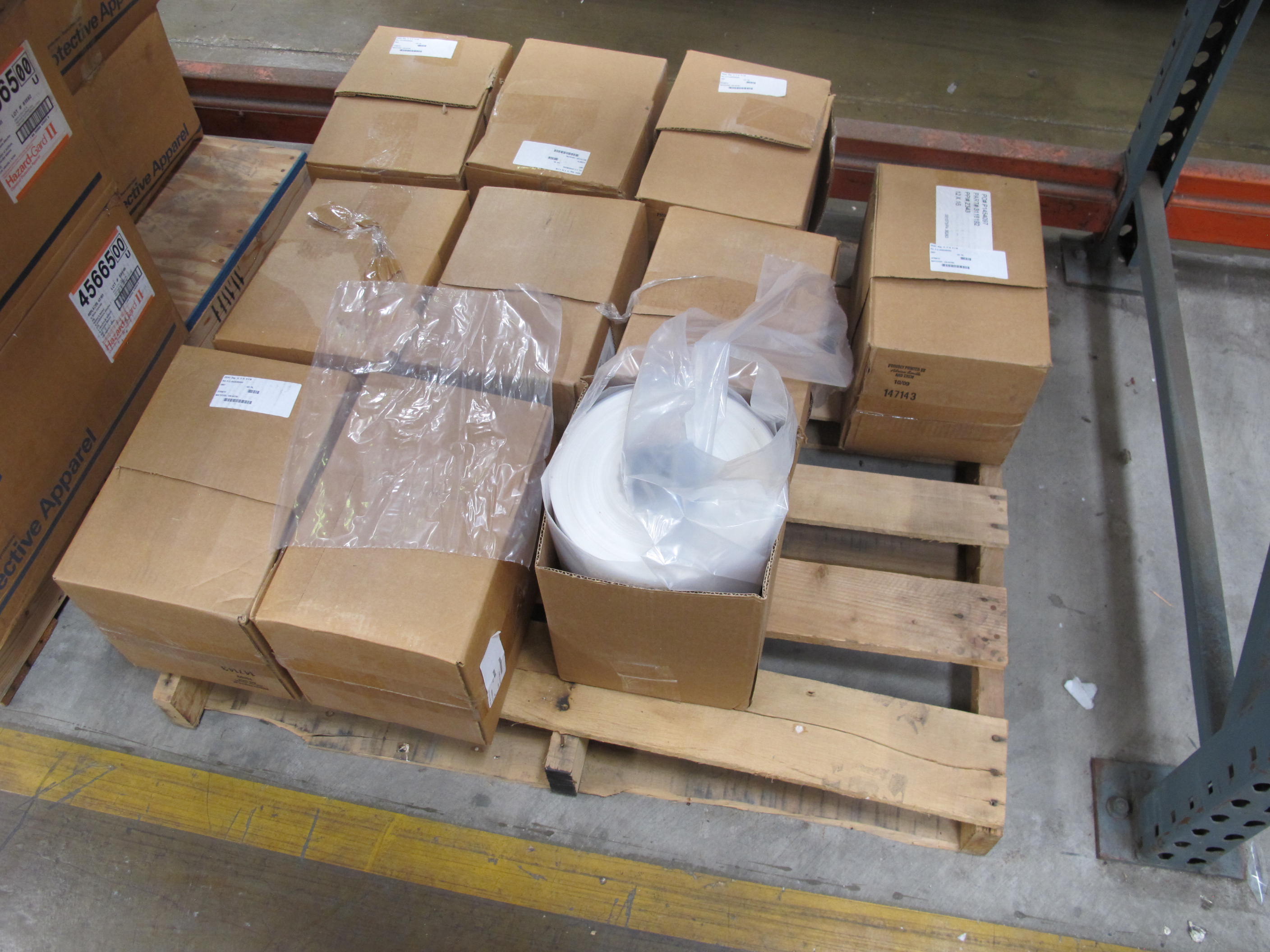LOT TO INCLUDE: (132) COVERALLS, EXTRA EXTRA LARGE SIZE, HAZARDOUS/CHEMICAL PROTECTION KIND, SARANEX-LAMINATED POLYPROPYLENE W/TAPED SEAMS MATERIAL, WHITE COLOR, (10) BAGS, 12" X 16" X 2 MIL THICK SIZE, SAMPLE KIND, CLEAR PLASTIC MATERIAL. LOADING & HANDLING FEE $15-4218